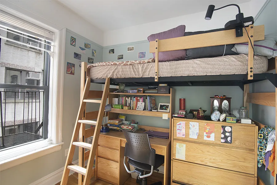 47 Claremont Room, bed, desk, chair, chest for clothing, and window view