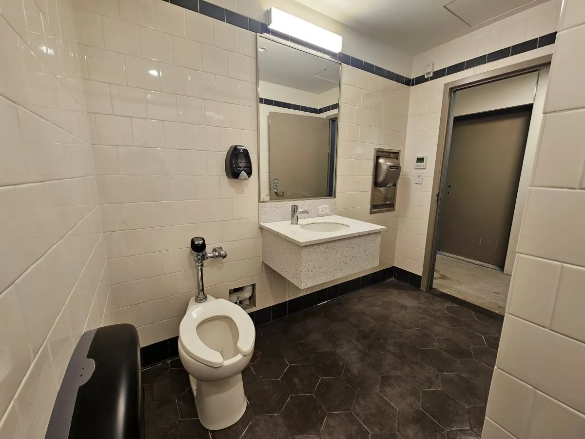 Single-use bathroom with sink, toilet, and shower