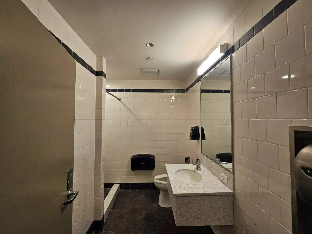 Single-use bathroom with sink, toilet, and shower