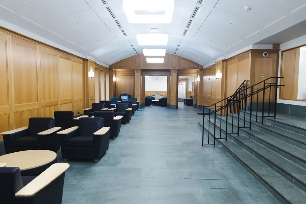First floor lobby with tables and chairs