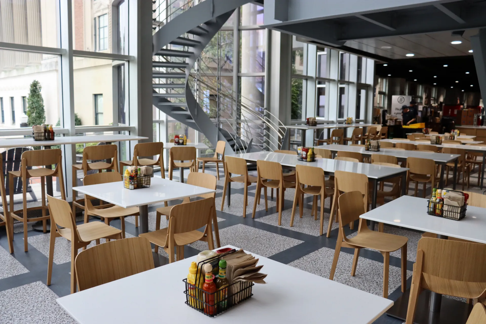 Dining tables and chairs in Ferris Booth Commons