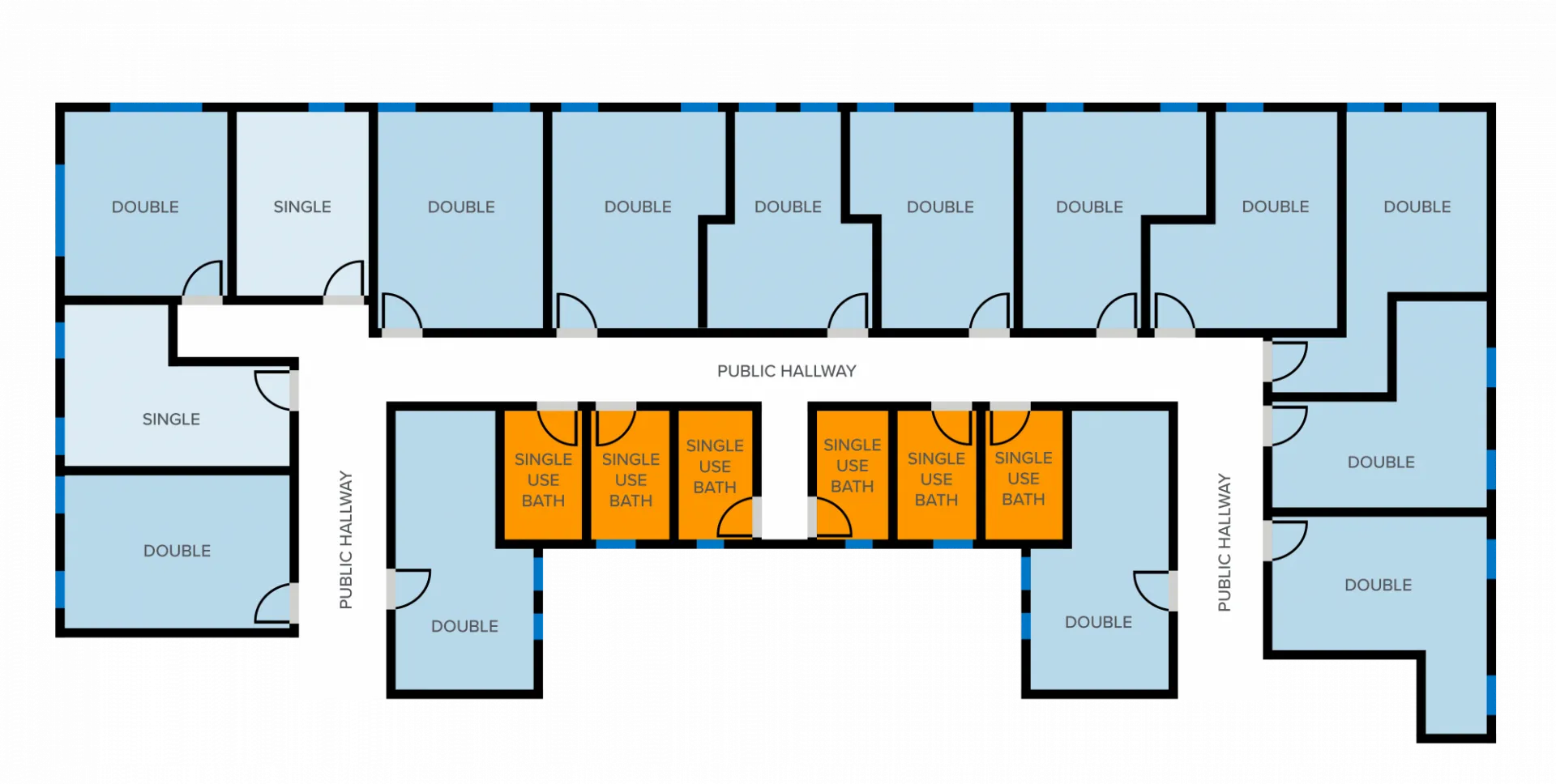 Simplified floor plan of McBain Hall, showing hallways, bathrooms, and single and double rooms.
