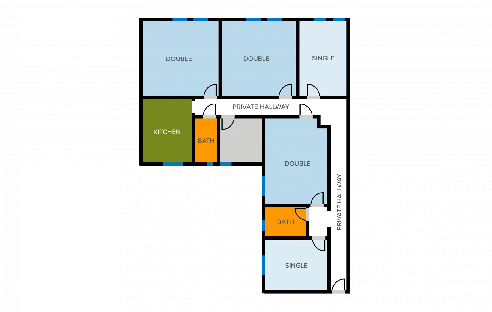 Simplified floor plan of a suite in Ruggles Hall, showing single and double rooms, bathrooms, kitchen, and hallways.