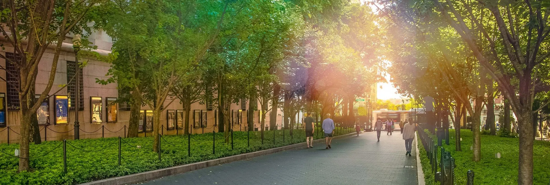 People walking down College Walk at Columbia University facing a beautiful sunset.