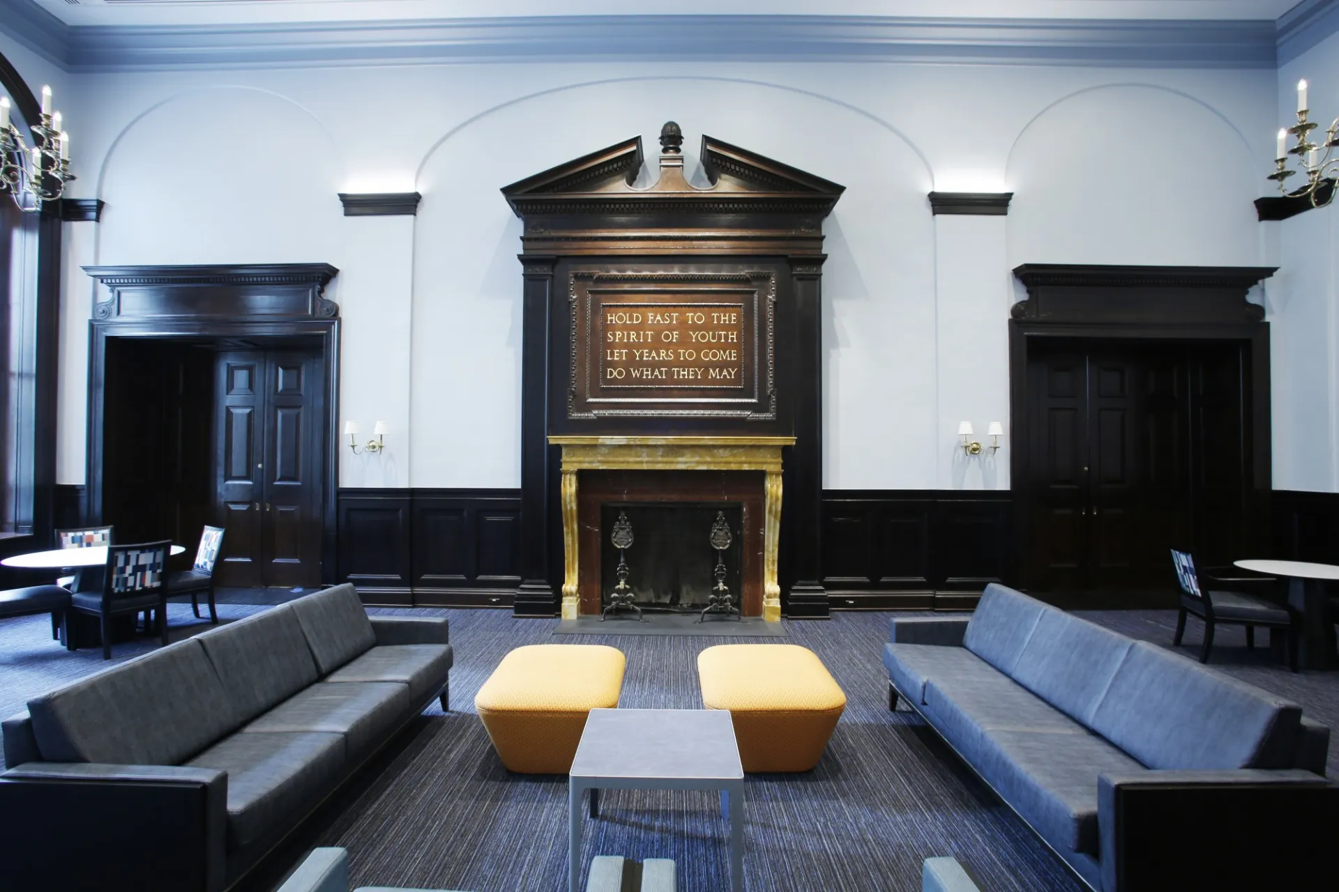 The fireplace in John Jay Lounge.