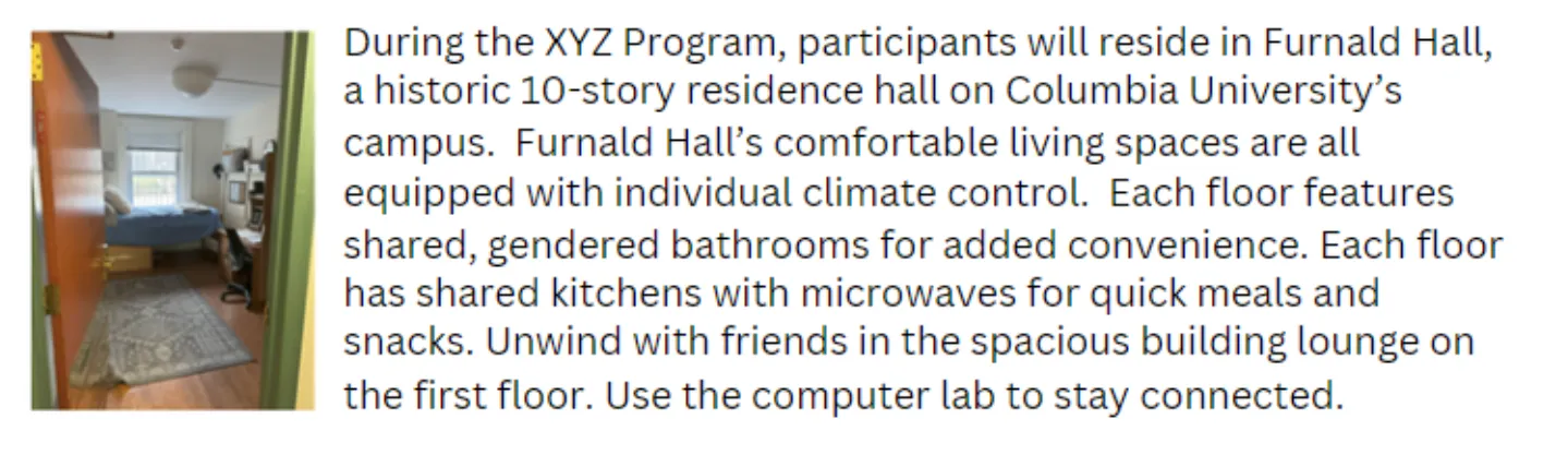 Sample of website advertisement with residence room image: image of Furnald Hall room, door open slightly with bed and room furniture in frame. Text right aligned to image about the program and room amenities.