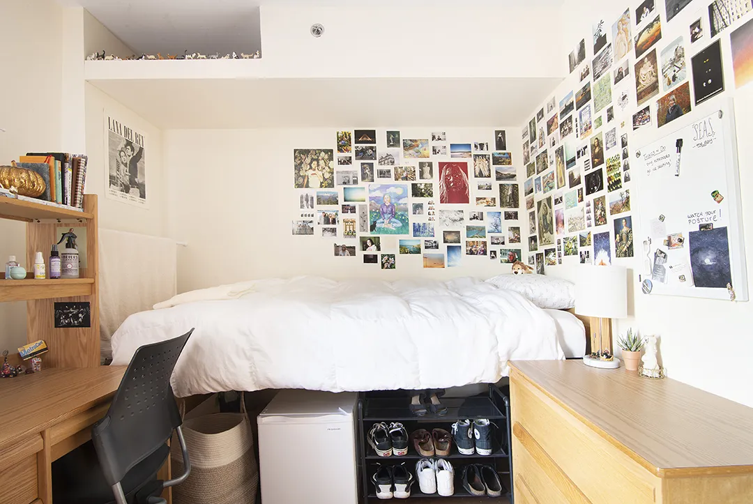 Wallach Hall room, bed, desk, chair